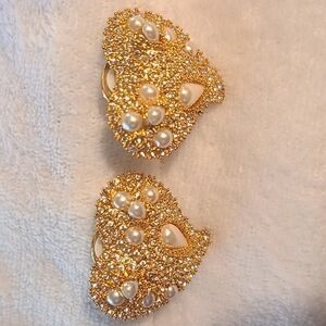 Vintage Scaasi gold tone heart clip on earrings with faux stones
